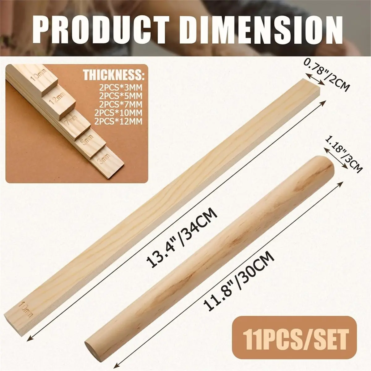 STOCK-11pcs Wooden Pottery Teaching Kit - 10pcs 5-Size Clay Thickness Guides with 1pc Rolling Pin for Clay Art, DIY Craft