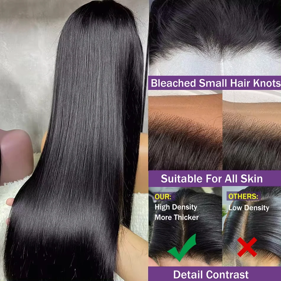 Real hd completo transparente invisível em linha reta 13x6 laço frontal perucas de cabelo humano cor natural peruca frontal brasileira 180% para mulher