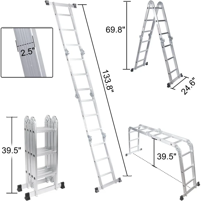 Escalera plegable 7 en 1 con extensión de aluminio multiusos de 330 lb y 12,5 pies, escalera de andamio ligera y plegable