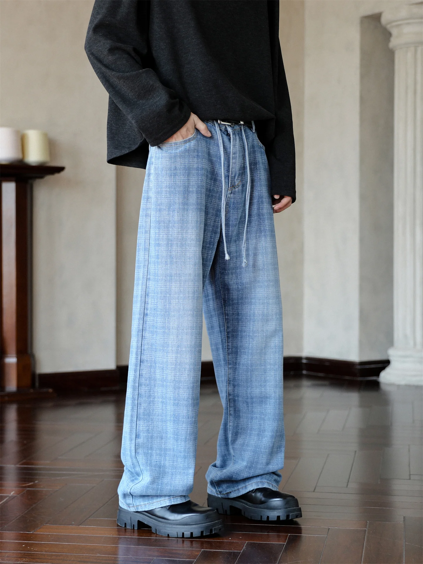 

Blue Plaid Men's Jeans American Trendy Vintage Waed Loose Straight Leg Draped Wide Leg Pants Teenagers Long Pants