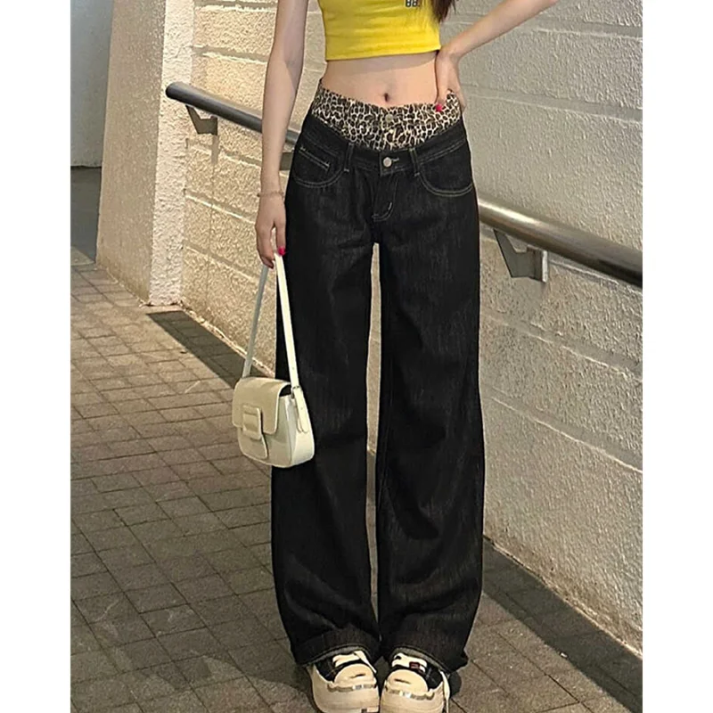 High Waist Leopard Pattern Splicing Women Jeans Hip-hop Style Fashion Vintage Streetwear Y2K Wide Leg Trouser Baggy Denim Pants