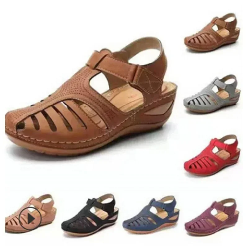 Plus Size Women's T-strap Sandals Velcro Breathable Fashion Wedges Sandals Vintage Roman Women Shoes sandálias femininas