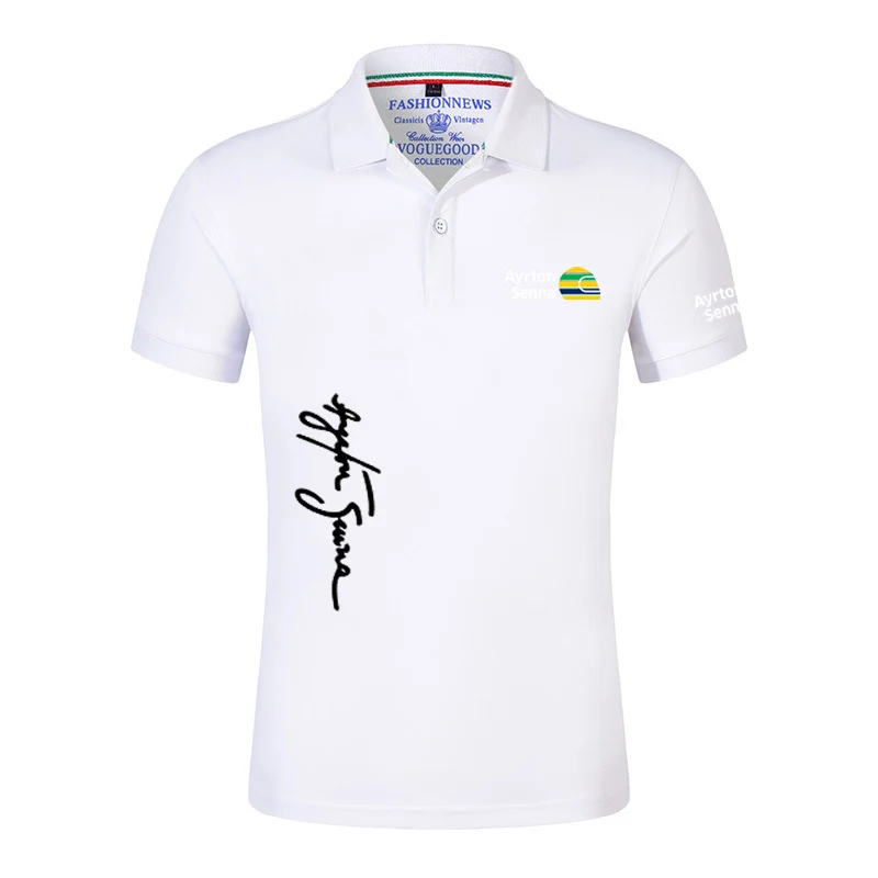 2023 New Ayrton Senna Brand Men Summer Casual Short Sleeve Fashion Print Tops Clothing Business Black Polo Shirts