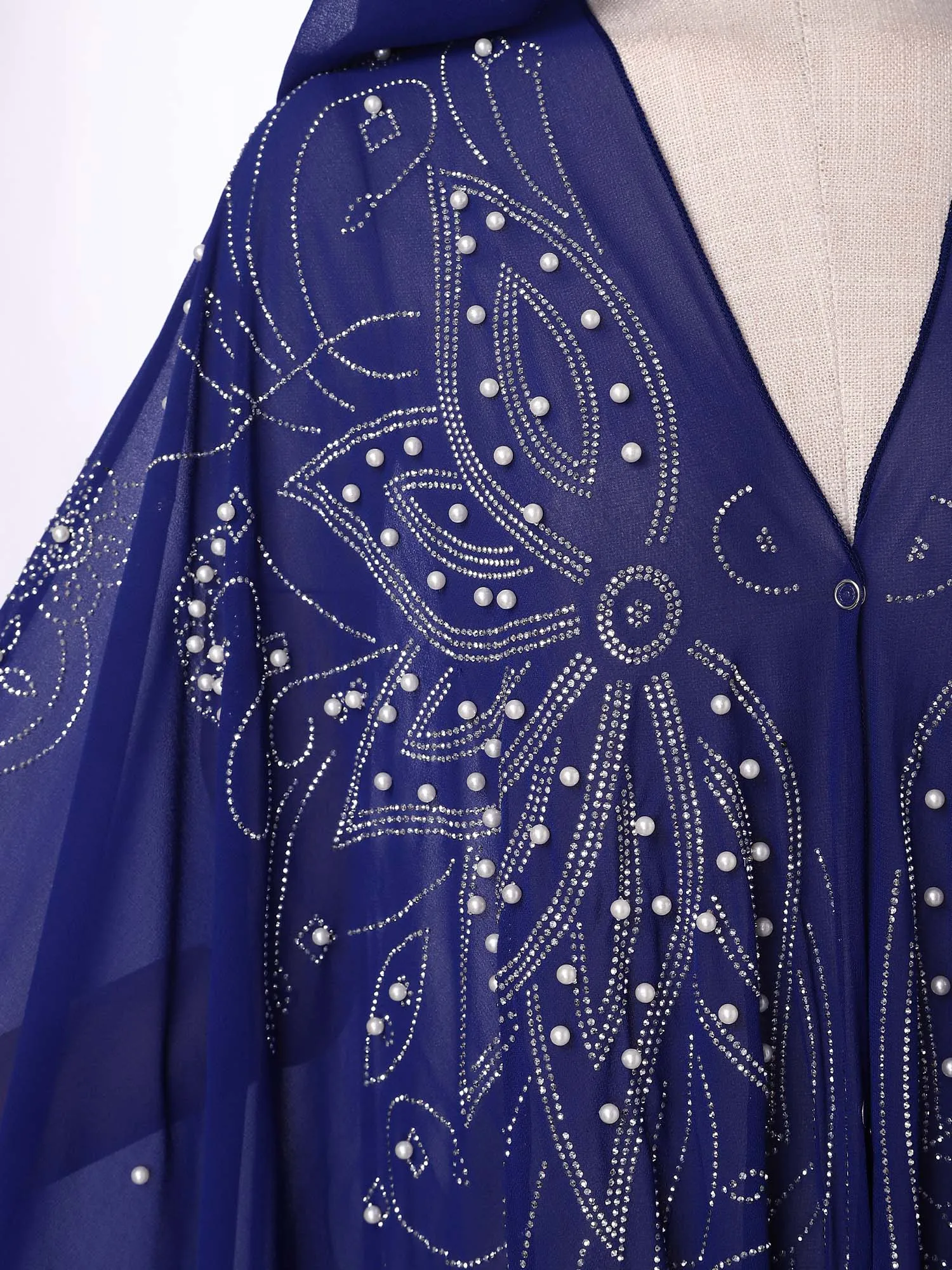 

Womens Muslim Islamic Dress with Hood Exquisite Rhinestones and Faux Pearls Open Front Hooded Chiffon Abaya Long Robe Kaftan