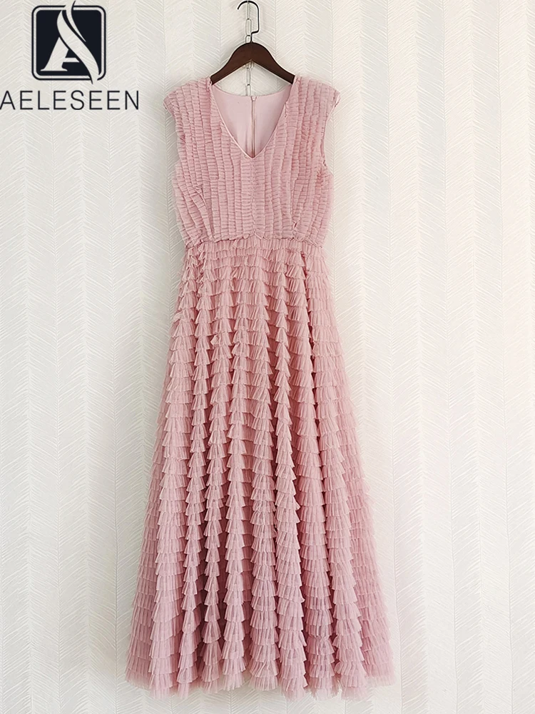 

AELESEEN Fashion Designer Summer Dress Women's Sleeveless Pink Black V-Neck 3D Cascading Ruffles Folds Casual Long Layered