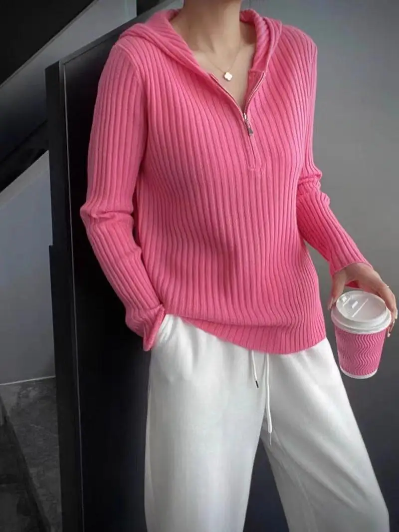 

Новая женская толстовка из 100% чистого кашемира, свободный тонкий пуловер, кашемировый вязаный свитер с капюшоном и полумолнией