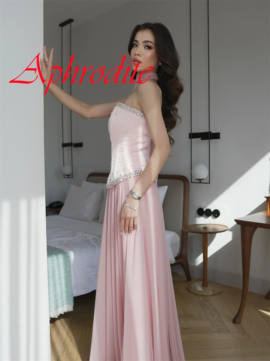 

Customized Classic Pink Chiffon Evening Dress Modern Strapless Sleeveless Ribbon Zipper Back Crystal Special Occasion Gowns