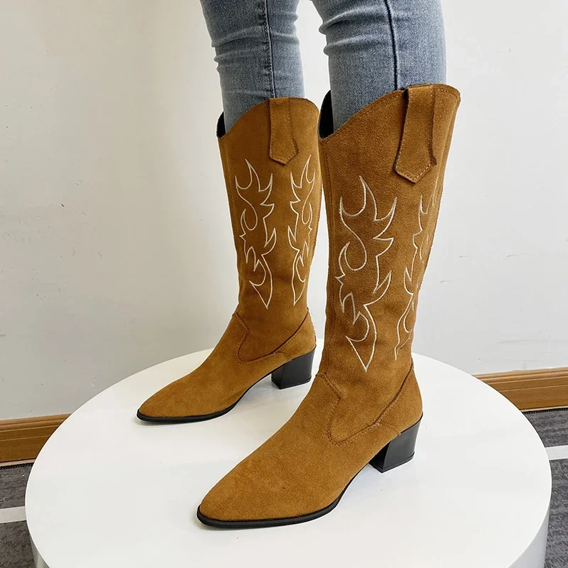 Embroidered Cowboy Boots for Women Knee High Midium Chunky Heel Pointed Toe Retro Classic Western Cowgirl Boots