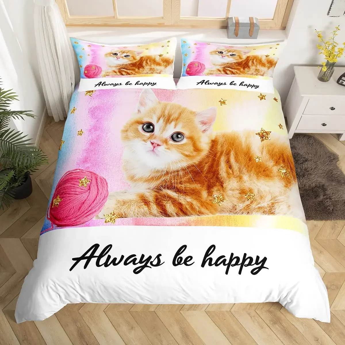 Orange Cat Duvet Cover Set King Queen Size Cute Animals Pattern Polyester Comforter Cover Quilt Cover for Kids Teens Bedding Set