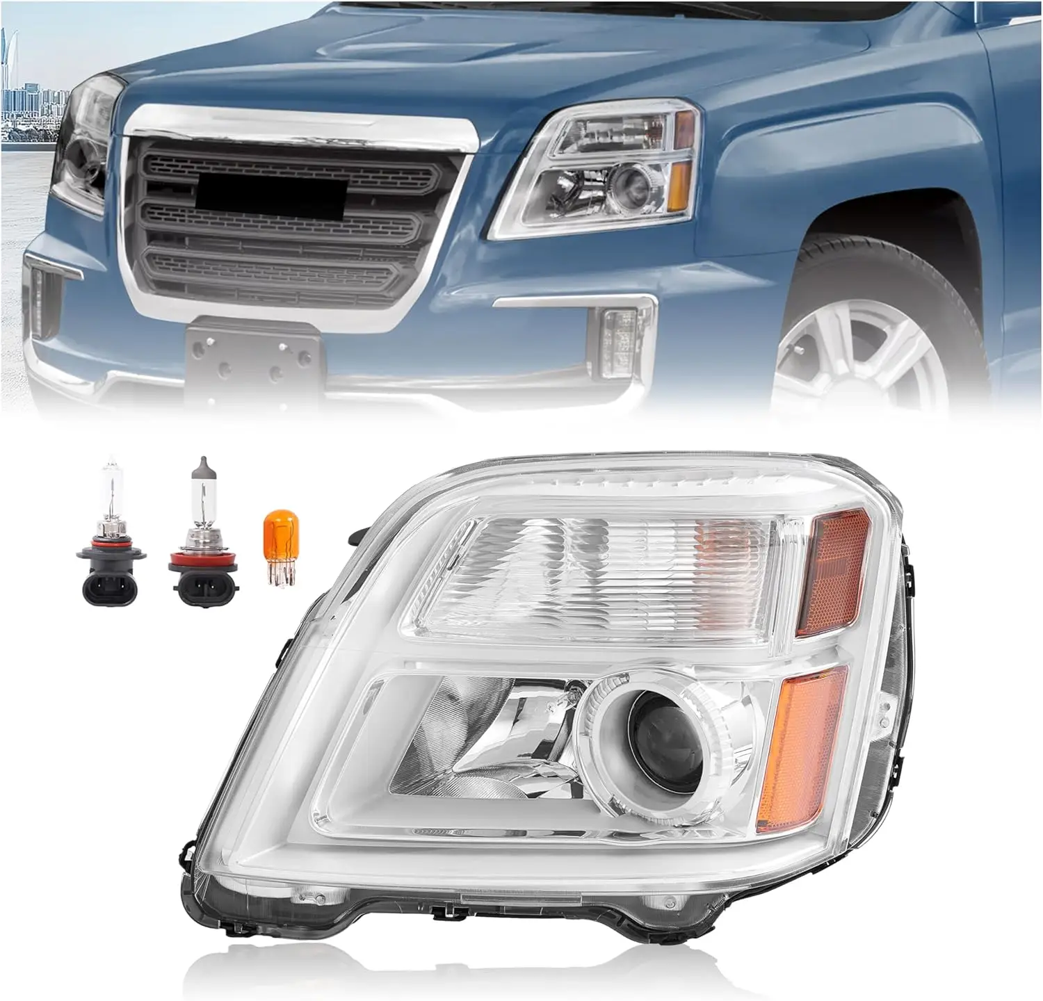 

Projector Headlights Left w/Bulb Compatible with 2010-2015 GMC Terrain DRL Headlamps Assembly Halogen Clear Lens Chrome Housing