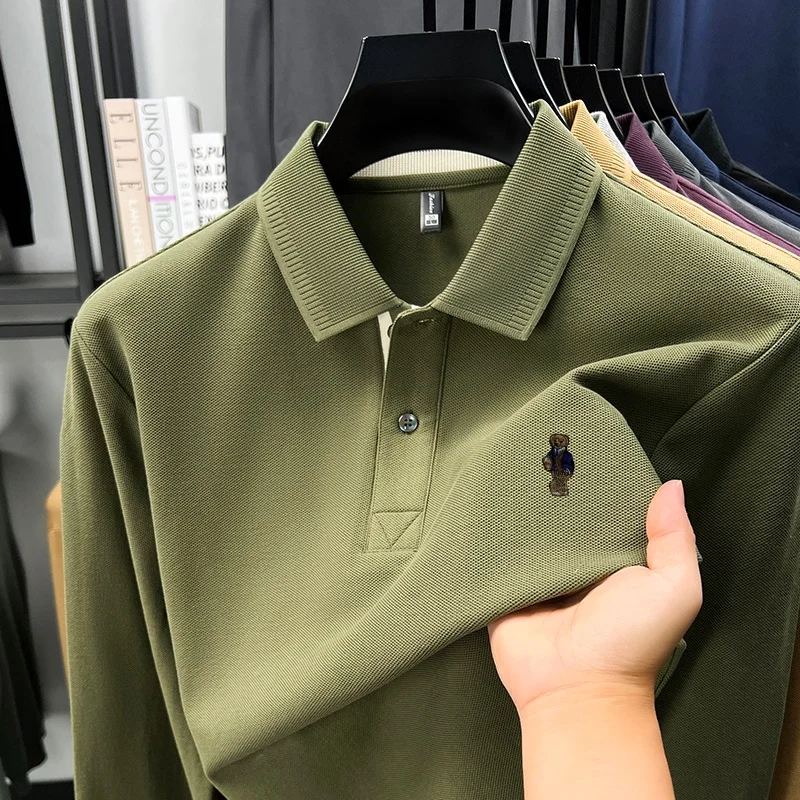 100%cotton Men's Autumn Long-sleeved Polo shirt High-quality Collar Embroidery Bear T-shirt. Leisure Fashion Brand Men Clothing