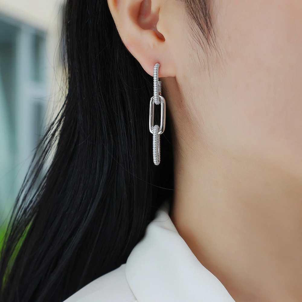 Sweetrain 18k Plated All Moissanite Earrings 925 Sterling Silver Paperclip Link Drop Dangle Earrings for Women Trendy Jewelry
