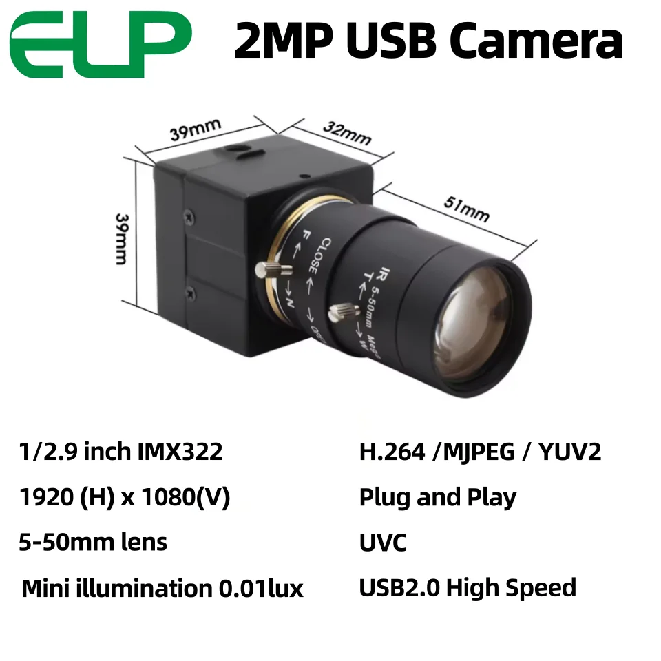 ELP 2MP  0.01Lux Ultra Low Light Security Camera, IMX322 Sensor, 10X Optical Zoom Camera for  Video Confencing