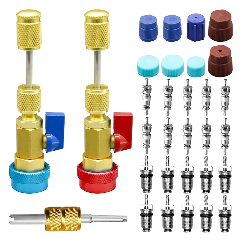 AT63-AC Valve Core Removal Tool(31Pcs), R134A Valve Core Quick Remover& Installer Tool Set, High Low Pressure Compatible
