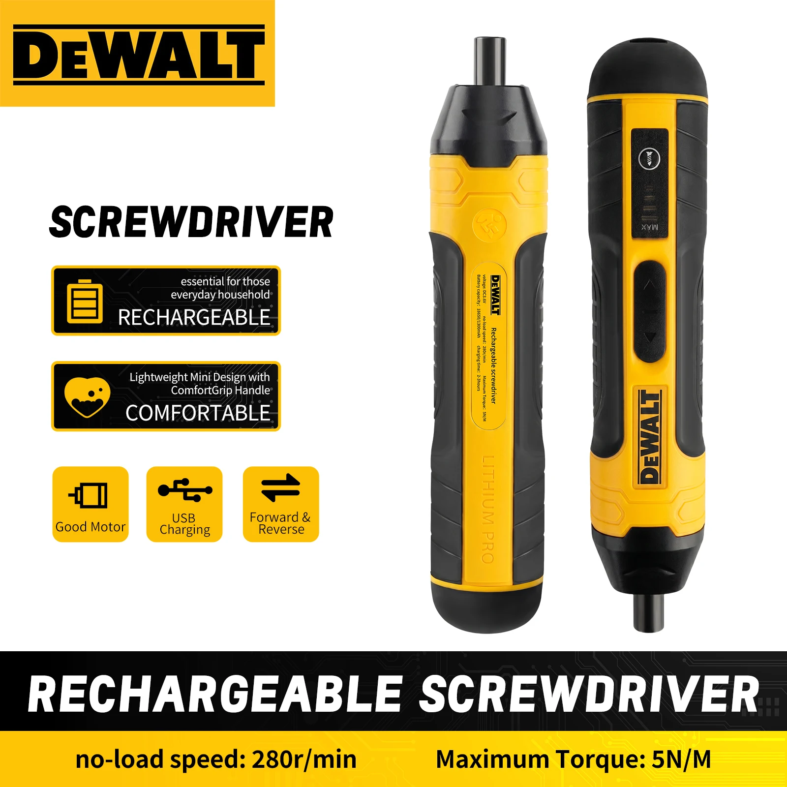Destornillador eléctrico inalámbrico DEWALT, taladro ajustable recargable de 1300mAh, herramienta multifuncional para desmontaje y mantenimiento, USB
