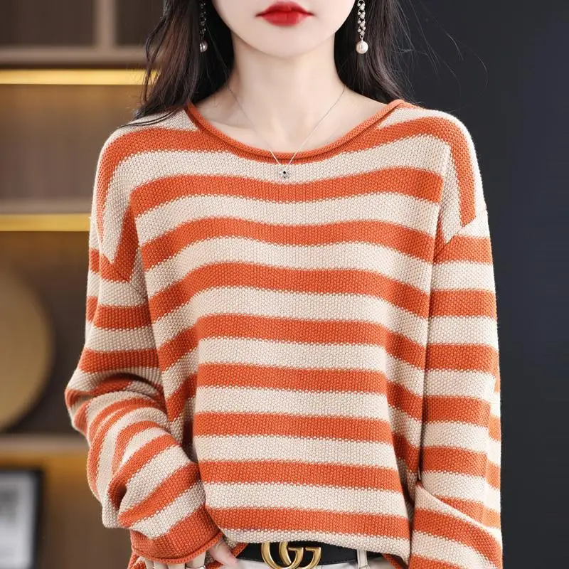 Women\'s Spring Autumn Fashion Round Neck Pullover Stripe Contrast Panel Casual Versatile Long Sleeve Loose Sweater Knitted Tops