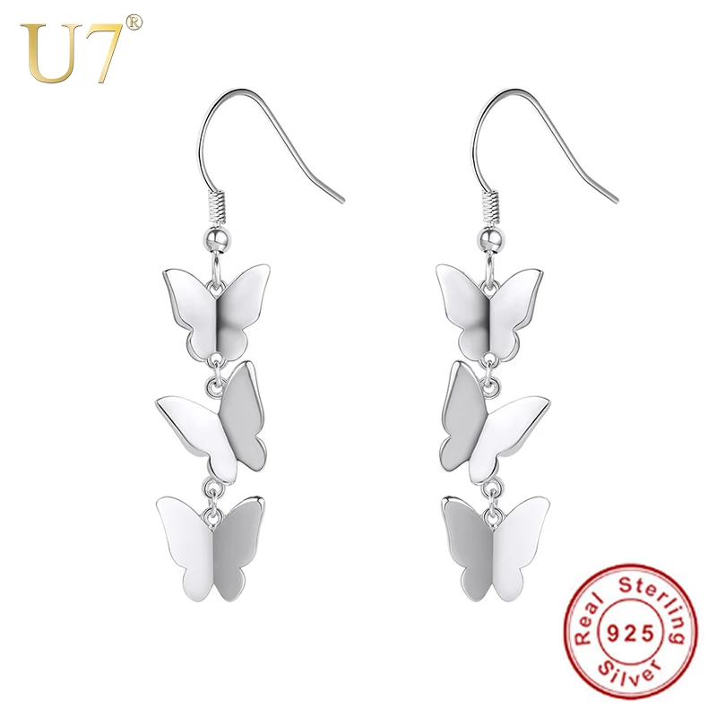 

U7 925 Sterling Silver Butterflies Dangle Earring Brincos Dainty Romantic Bridesmaid Birthday Jewelry Gift for Woman