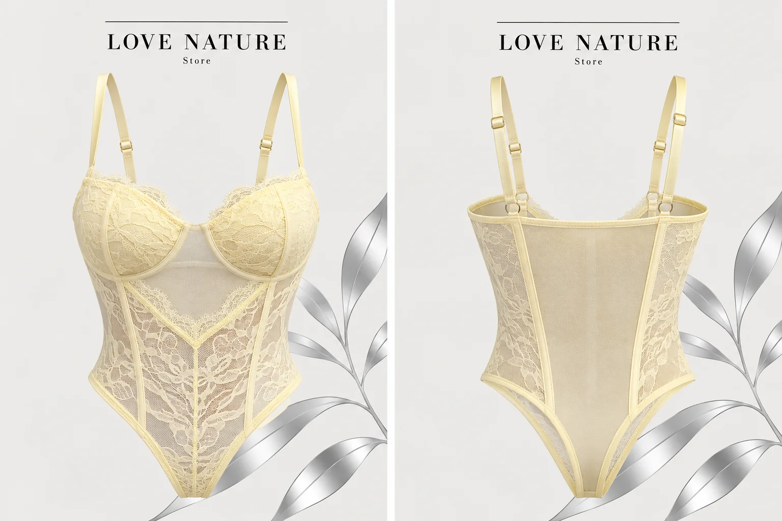 【LOVE NATURE Store】Women's Sexy Floral Lace Bodysuit, Sheer Mesh Underwire Corset Lingerie with Adjustable Straps, Slim Fit Tedd
