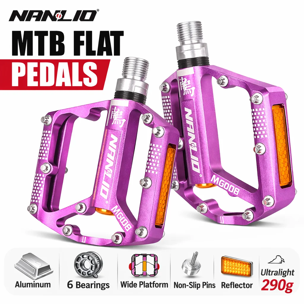 

Nanlio MTB Flat Pedals Aluminum Mountain Bike Pedals 6 Bearings Wide Platform Anti Slip Pins Reflector Ultralight 290g