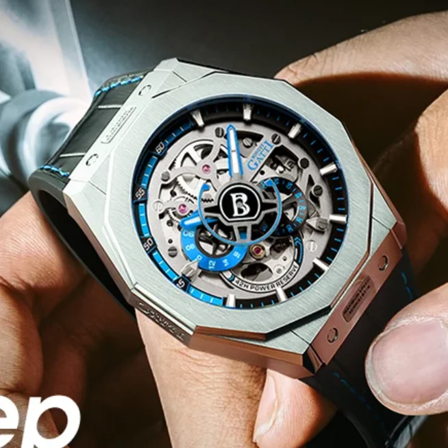 

BONEST GATTI Men Automatic Watch 42mm Mechanical Wristwatch Sapphire Mirror Skeleton Dial 50M Waterproof Luminous Leather Strap