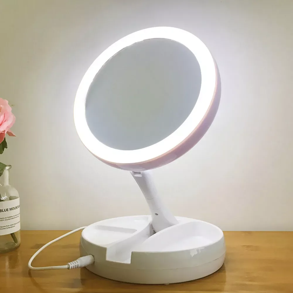 Batería seca/USB espejo de doble cara de doble uso espejo de maquillaje LED espejo de maquillaje portátil luz de maquillaje con aumento de 10X