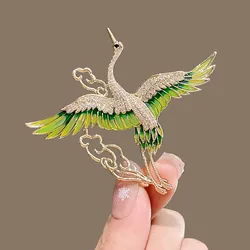 Vintage Green Enamel Wings Rhinestone Crane Clouds Brooches For Women Flying Phoenix Birds Lapel Pins Animal Badge Party Jewelry