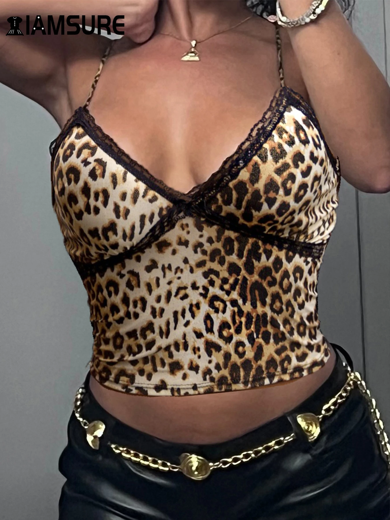 

IAMSURE Sexy Lace Trim Leopard Printed Camis Top Slim V-Neck Sleeveless Crop Tops Women 2024 Summer Fashion Streetwear Ladies