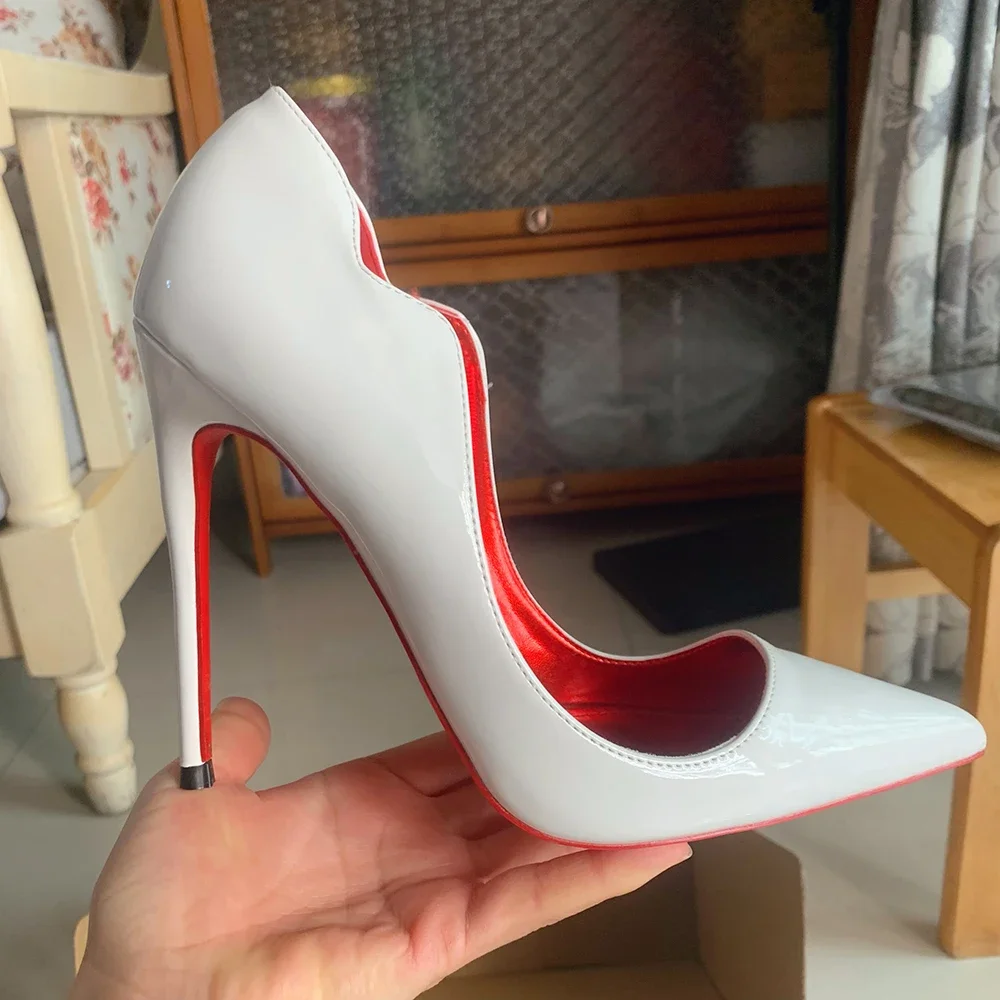 Women Sexy 12cm Pumps Stilettos Glossy Patent Red White Side V Cut High Heels Pointed Toe Wedding Curl Cut Black Dress Shoes