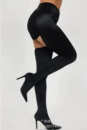 Hot Pink Black Silk Solid Pointed Toe Hollow Thin Heels Over The Knee Jumpsuit Boots Women Sexy Stretch Slim Thigh Long Boots