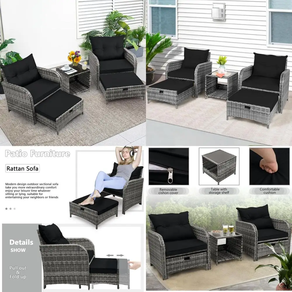 

5-Piece Wicker Outdoor Patio Chair Set with Ottoman and Footrest, PE Rattan Conversation Furniture