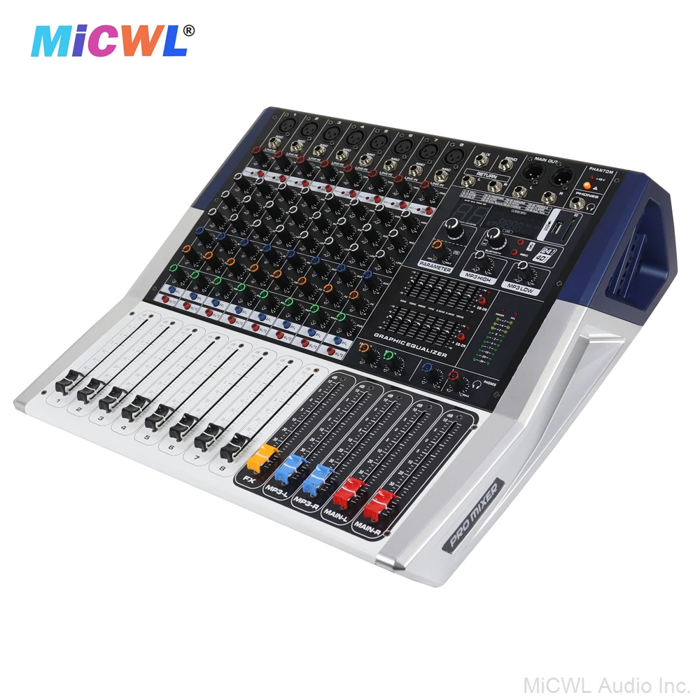 Top Quality 1000W Power Mixer Amplifier 8 Channel Sound Mixing Console 48V Bluetooth Wireless Microphone Input MiCWL PH08-1000W