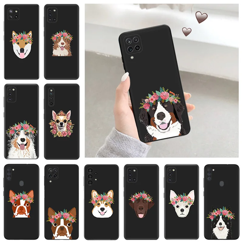 Phone Case for Samsung A31 A32 A33 A34 A51 A52 A53 A54 A71 A52S A72 A73 4G 5G Border Collie flower crown Shell Black Cases Cover