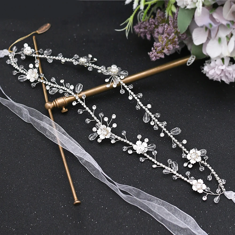 Two Strands Hairband With Ribbon Flower Headband For Wedding Crystal Beads And Alloy Flowers Elegant Bride Hair Wreath Communion