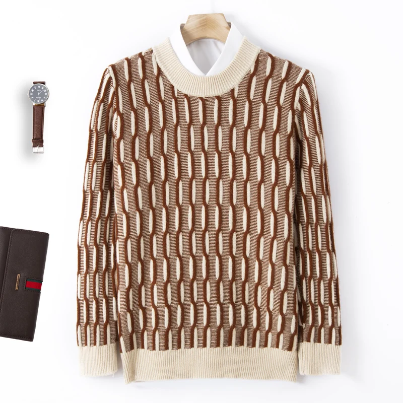 

Осень и зима, новинка, 100% чистая шерсть, мужской мягкий свитер с круглым вырезом, клетчатая жаккардовая мужская контрастная трикотажная нижняя рубашка