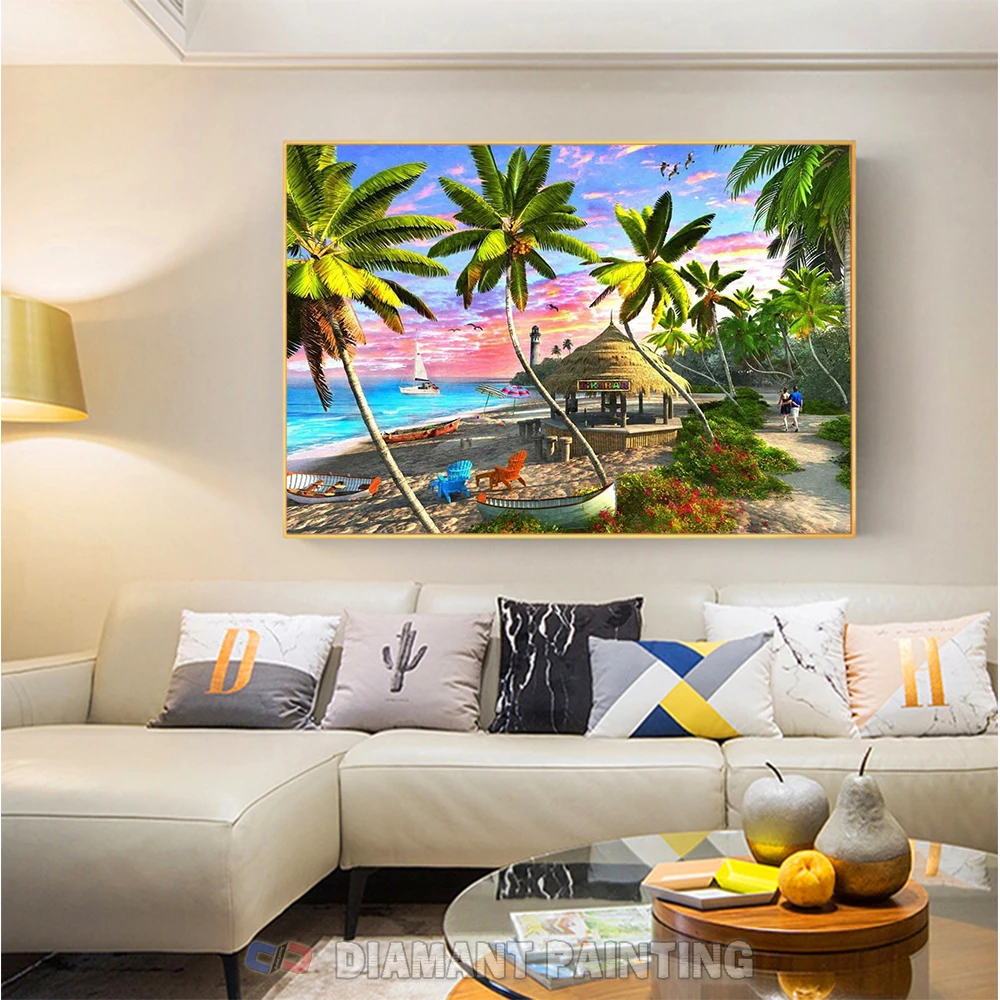 5D DIY New Diamond Painting Seaside Beach Landscape Full Square Round Drill Mosaic Coconut Tree Picture Rhinestones Home Decor