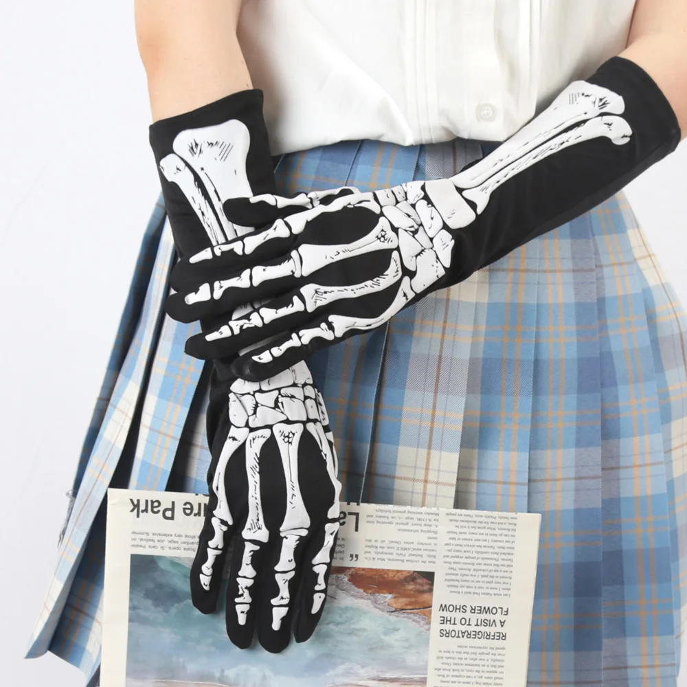 Halloween Printed Skull Cosplay Full Finger Gloves Women Dance Party Props Clothing Terror Gloves Accessory Adult