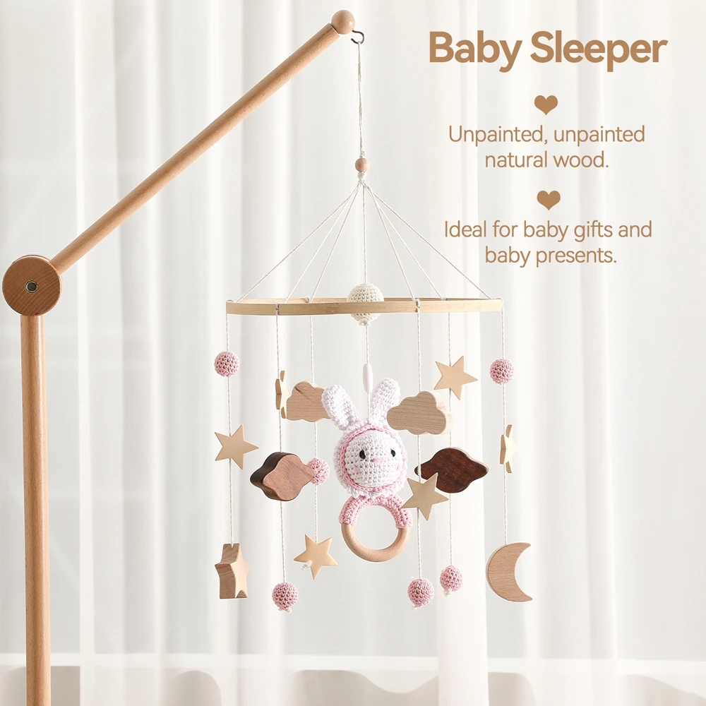 Sonajero de madera móvil para cuna de bebé, campana de juguete para cama, colgante móvil, conejito de ganchillo rosa, caja de música para recién nacido, soporte móvil para cuna, regalo