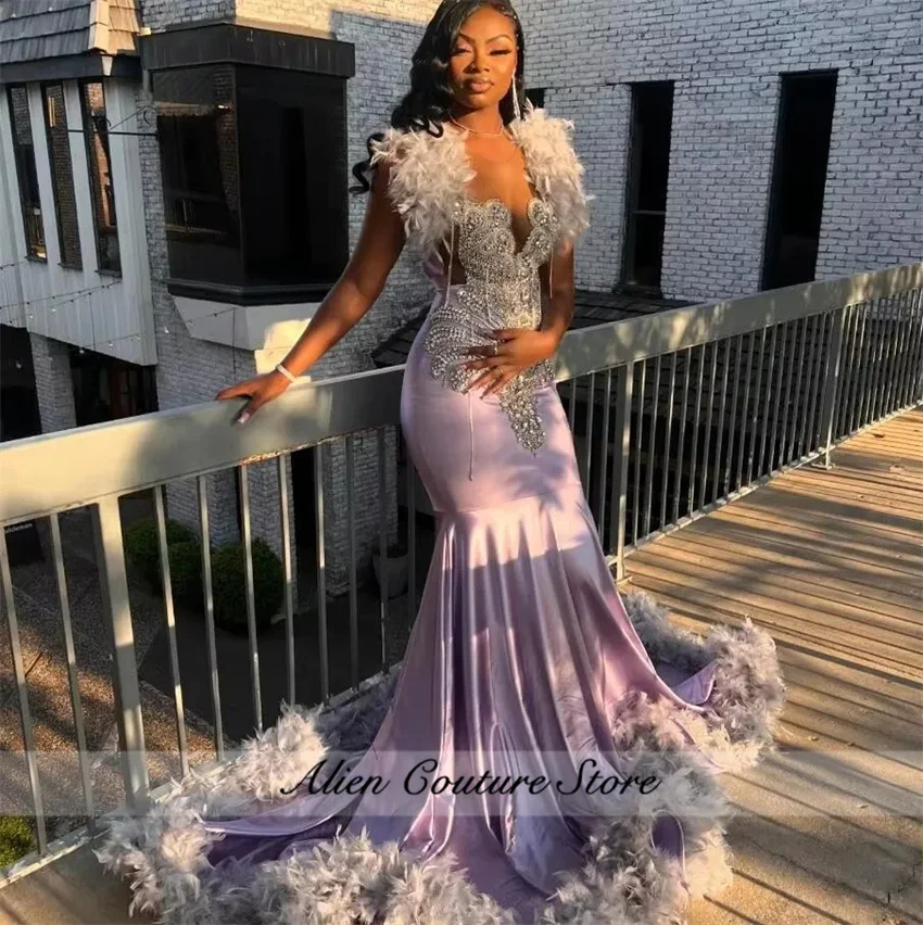Luxury Purple Lilac Prom Dress Beading Crystal Feathers Tassels Elegant Birthday Dress Evening Dress Wedding Reception Customiz