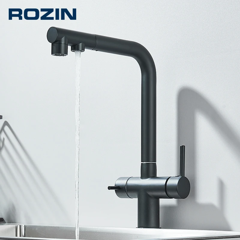 Rozin منقي مياه المطبخ صنبور أسود سحب مرنة تصفية الحنفيات المطبخ رافعة النحاس 2 في 1 الساخن الباردة المياه صنبور حوض خلاط