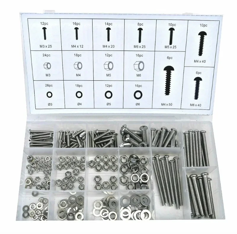 

246pcs M3 M4 M5 M6 304 Stainless Steel Screws Nuts Washers and Bolts Assortment Set Kit Box