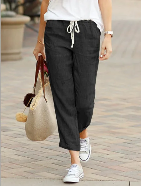 

2023 Summer Cotton Linen Women's Pants Black Drawstring Elastic Waist Casual Pants Female New Fashion Elegant Ladies Bottom