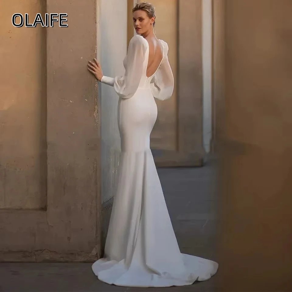 Olaife Modern Mermaid Wedding Dress Beaded Neckline Long Puff Sleeve Sexy Backless Bridal Gown فساتين للمناسبات الخاصة