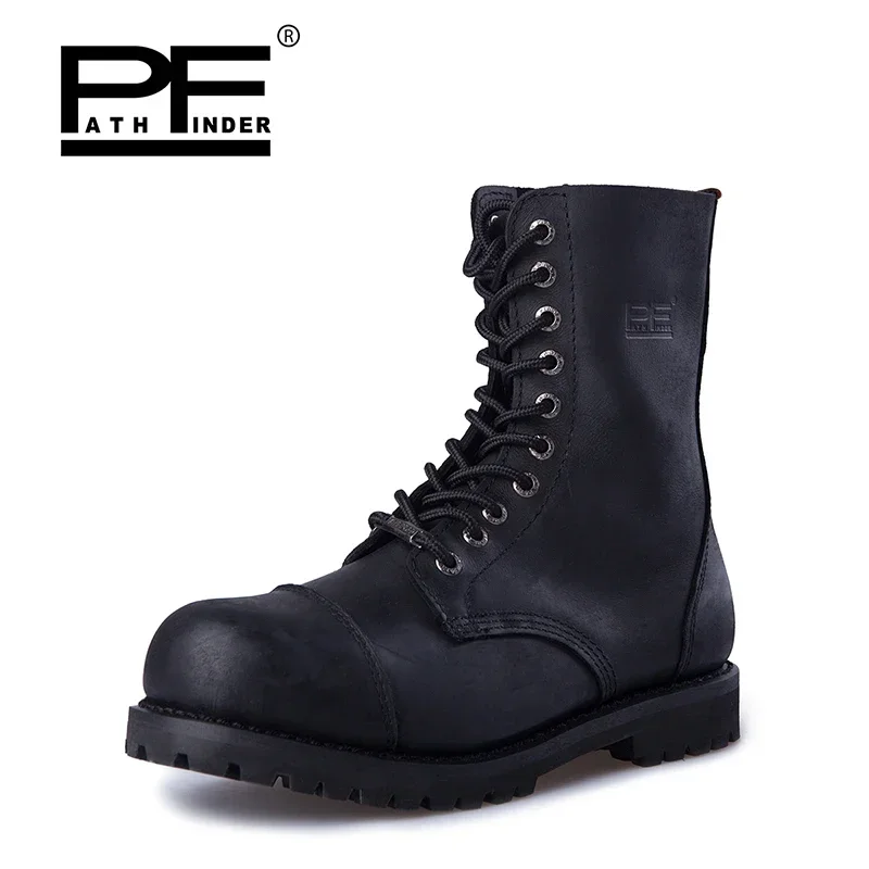 

PF Men Fashion Genuine Leather Motorcycle Boots Women Goodyear-Welted Vintage British Tooling Boots Work Outdoor Mid-calf Boots