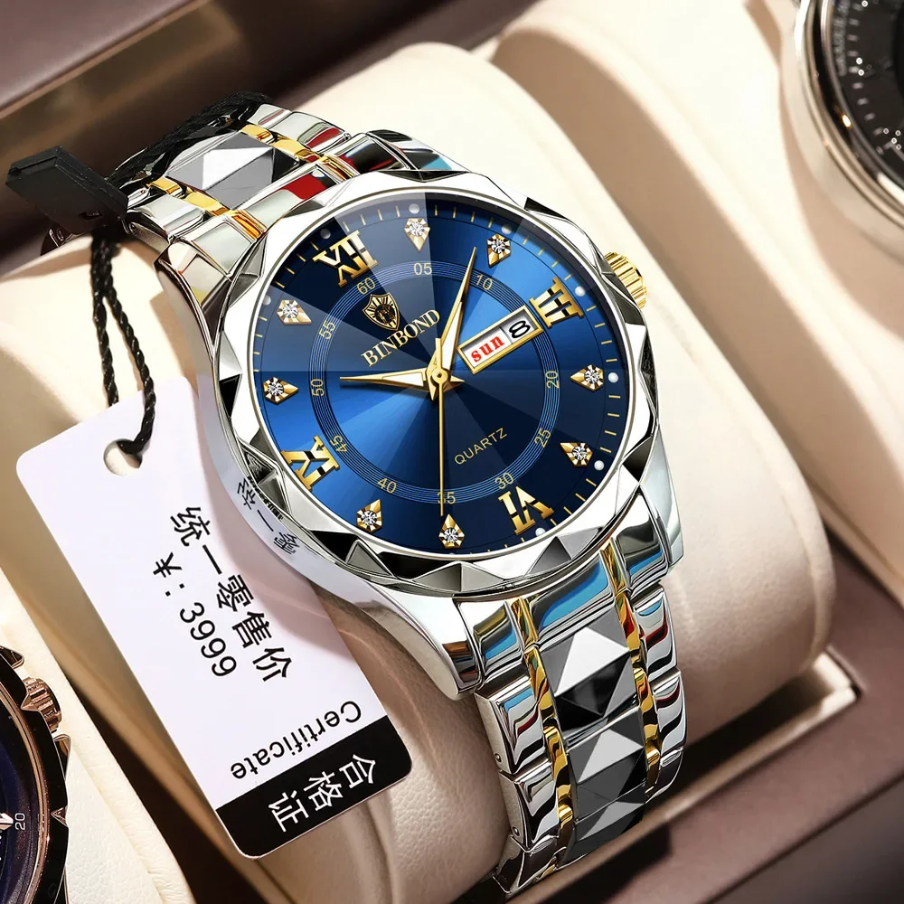 

BINBOND Men Watch Stainless Steel Top Quailty Luxury Push Button Hidden Clasp Waterproof Luminous Date Week Sport Wrist Watches
