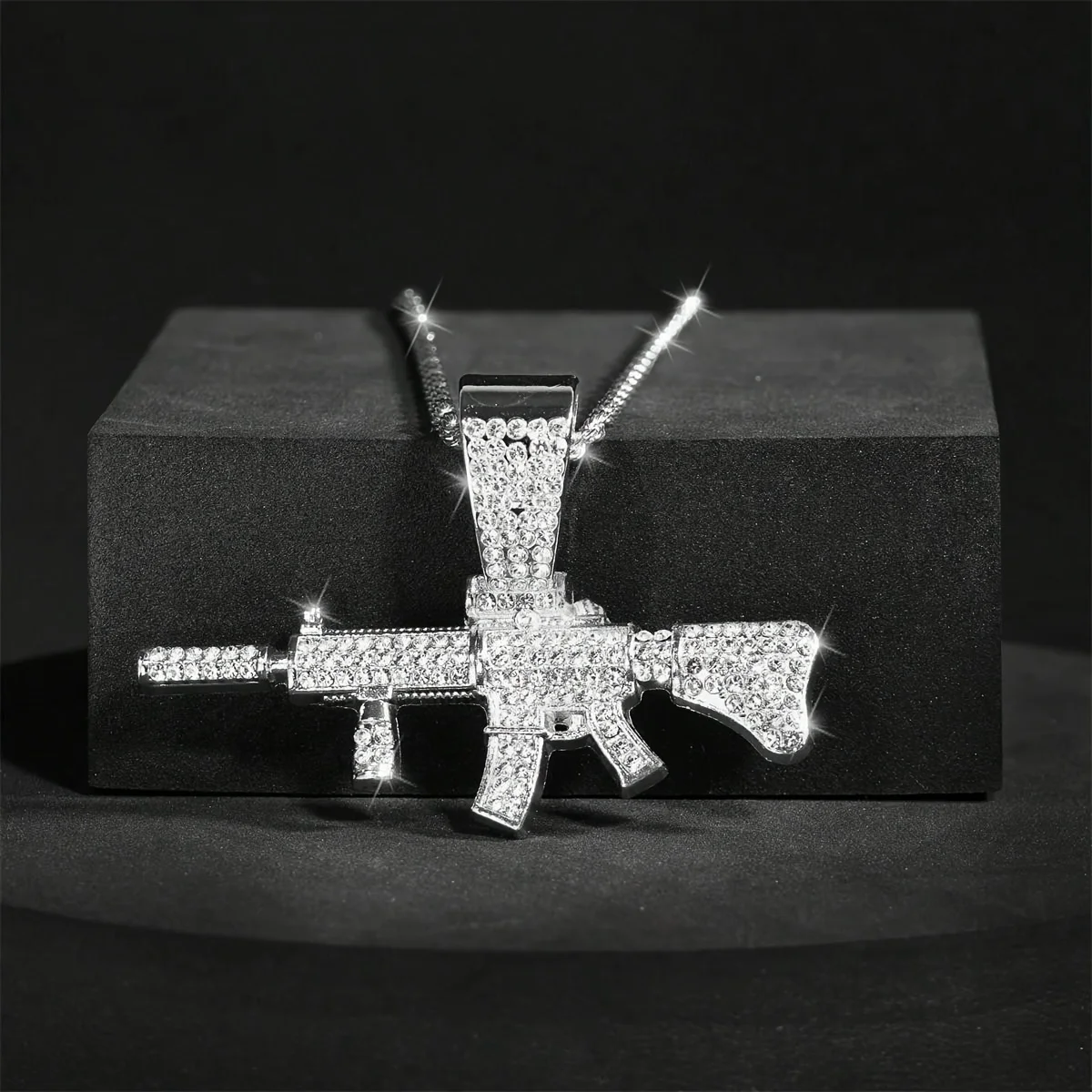 Fashion HipHop Ak47 Submachine Gun Pendant Necklace For Men Crystal Cuban Chain Iced Out Bling Necklace Punk Rock Biker Jewelry view 5
