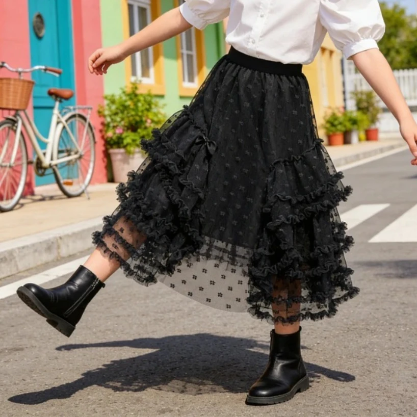 Kids Girls Dotted Tulle Irregular Midi Skort Ruffle Layer Lace Hem Elastic Waist Princess Skirt Holiday Park Daily Casual Wear