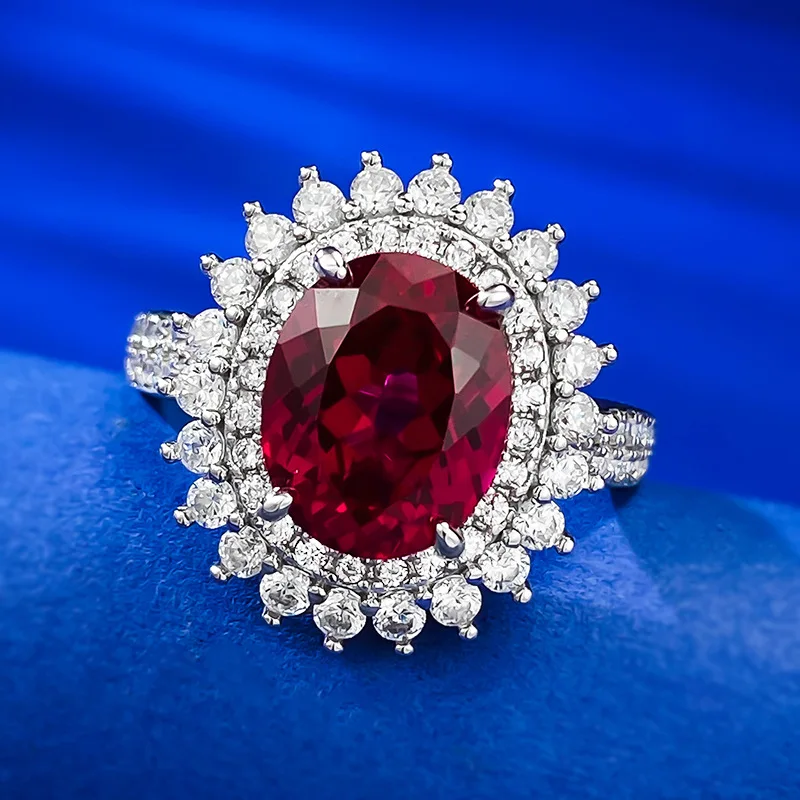 Cross border S925 Silver Pigeon Blood Red Diamond 8 * 10 Oval Ring Fashion Simple Style in Europe and America