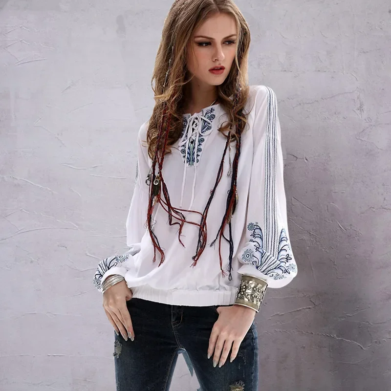 

TEELYNN Spring New White Boho Blouse Women Retro Cotton Linen Floral Embroidered Lantern Sleeve Shirt Womens Loose Blouses Tops