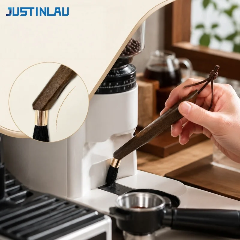 JUSTINLAU Kaffeemühlenbürste mit gebogenem Griff, Reinigungsbürste für Kaffeepulver aus massivem Holz mit Aufhängeband, Reinigungswerkzeug für Kaffeemaschinen