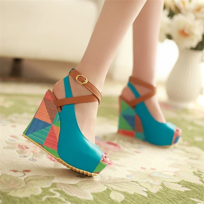 2024 New Women High-heeled Sandals Boho Wedge Mixed Color Peep Toe High Heels Beach Shoes Drees Shoes Ankle Tie Muller Shoes